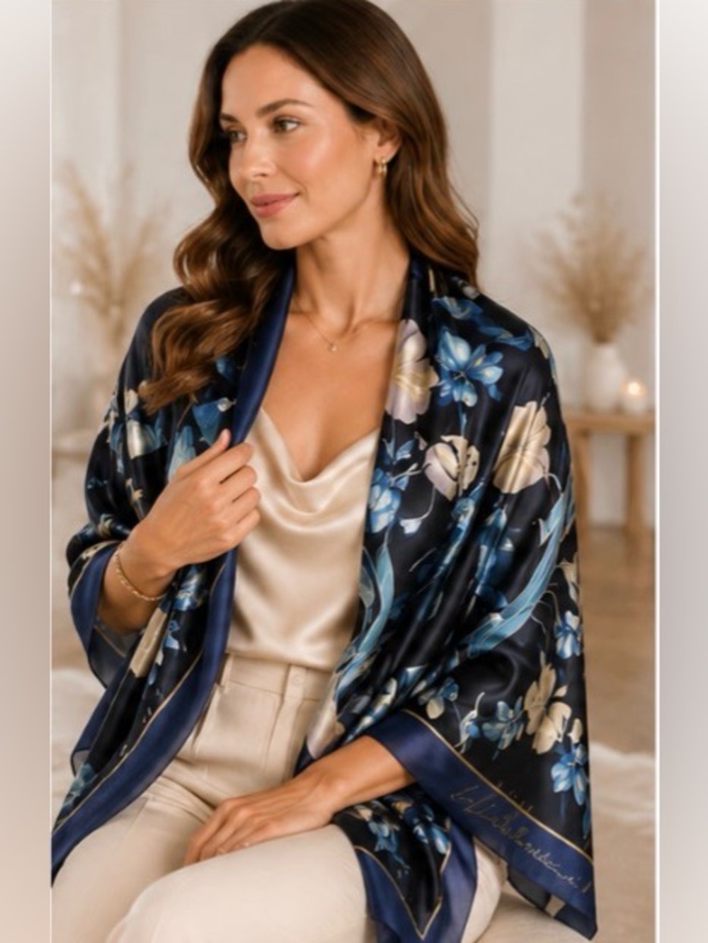Michael Michaud Silk Scarf Shawl Blue Floral Oversized Elegant Wrap 70x34